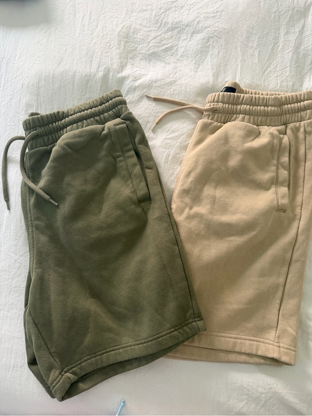 H&M Fleece Drawstring Shorts in Olive Green and Beige